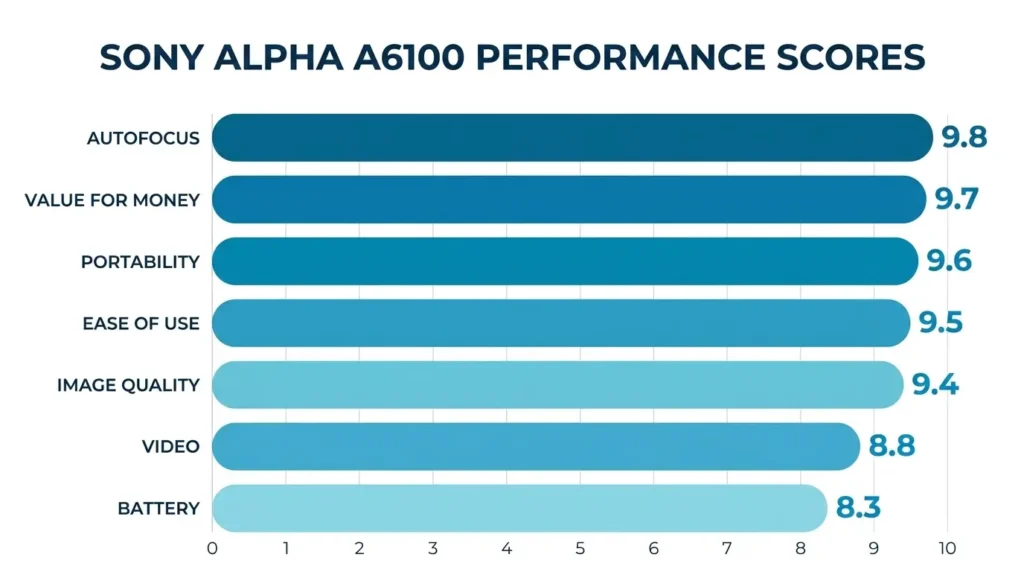 Performance-chart-comparing-image-quality-autofocus-video-battery-life-portability-and-value-of-the-Sony-Alpha-A6100