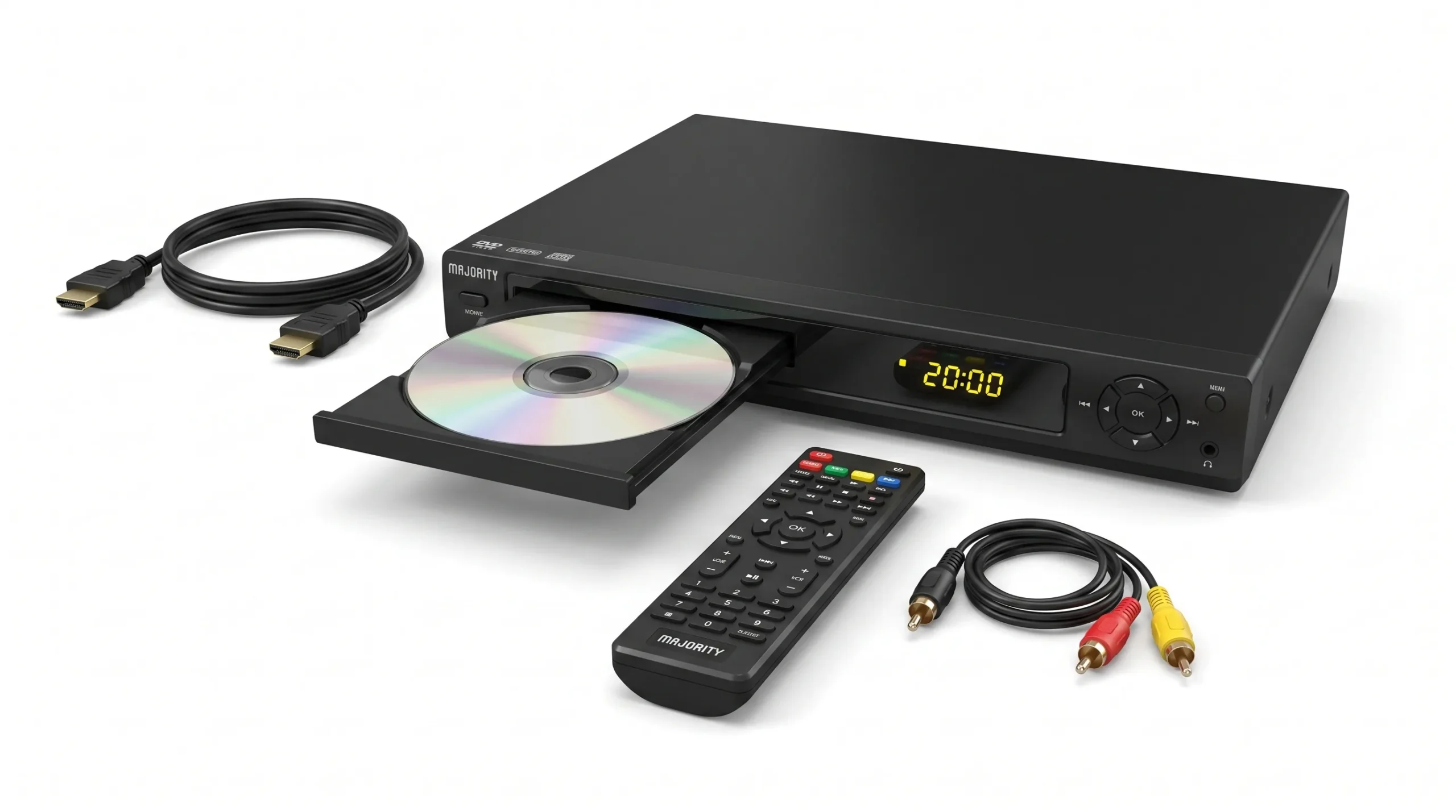 MAJORITY black mini DVD player with open disc tray remote control and cables