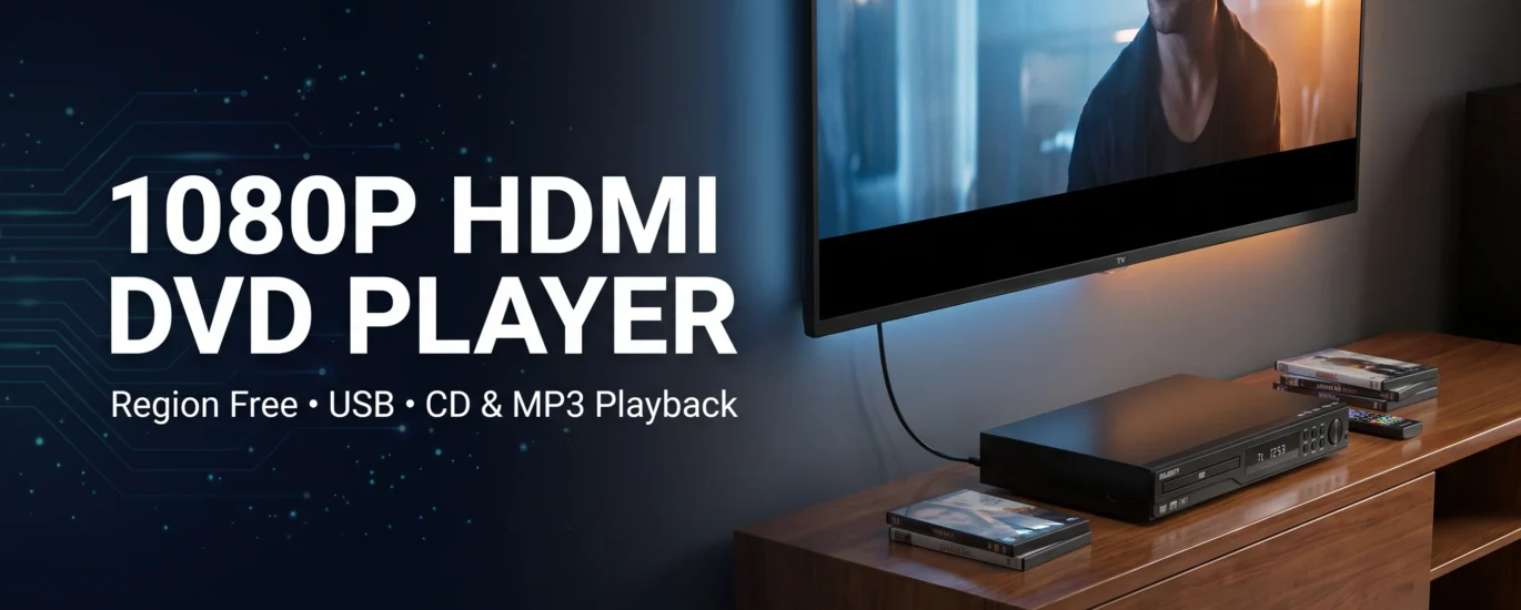 -Majority-1080P-HDMI-DVD-Player-connected-to-smart-TV-on-wooden-media-console-scaled