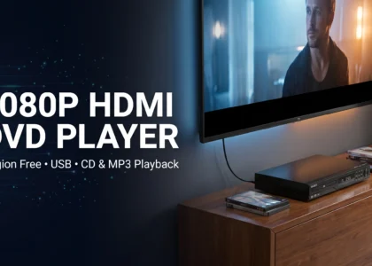 -Majority-1080P-HDMI-DVD-Player-connected-to-smart-TV-on-wooden-media-console-scaled