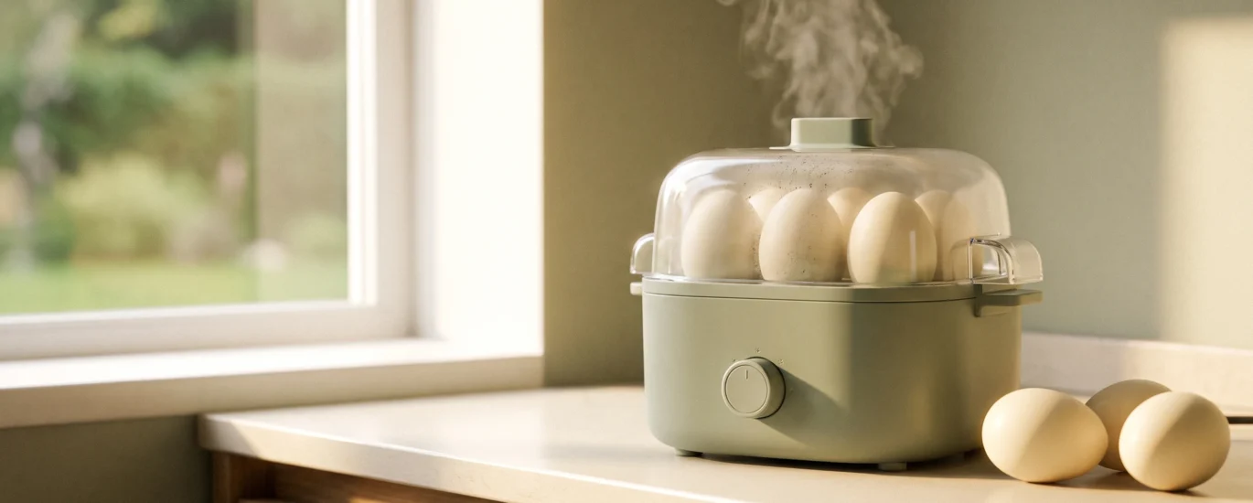 Electric egg cooker on a kitchen countertop with steam rising, best rapid egg cookers 2026
