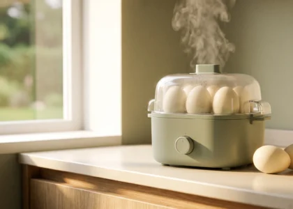 Electric egg cooker on a kitchen countertop with steam rising, best rapid egg cookers 2026