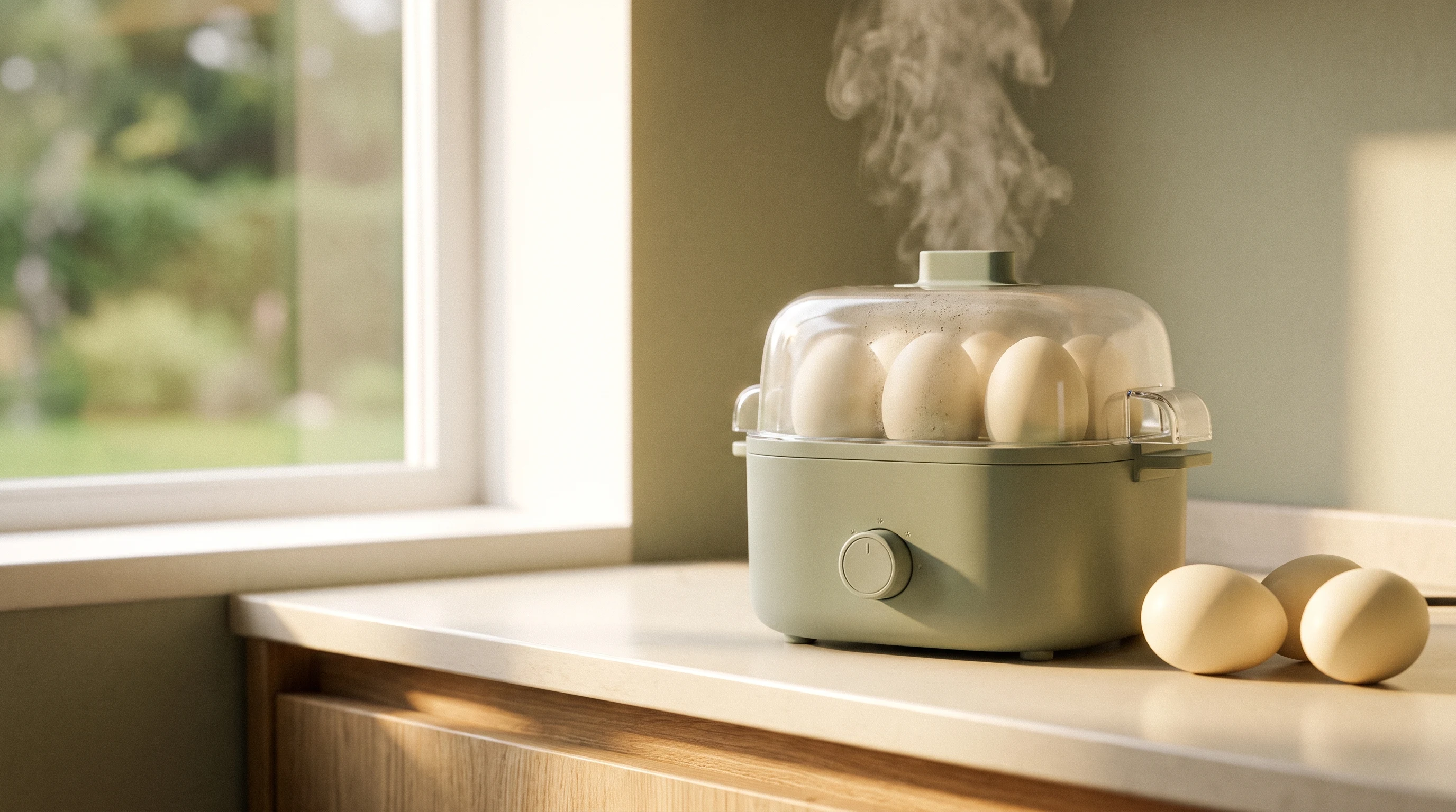 Electric egg cooker steaming during the cooking cycle
